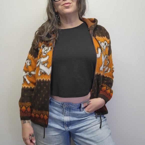 GRATEFUL DEAD Bears Fuzzy Wool/Cotton Zip Hoodie Sweater Brown Orange Unisex S - Picture 3 of 11